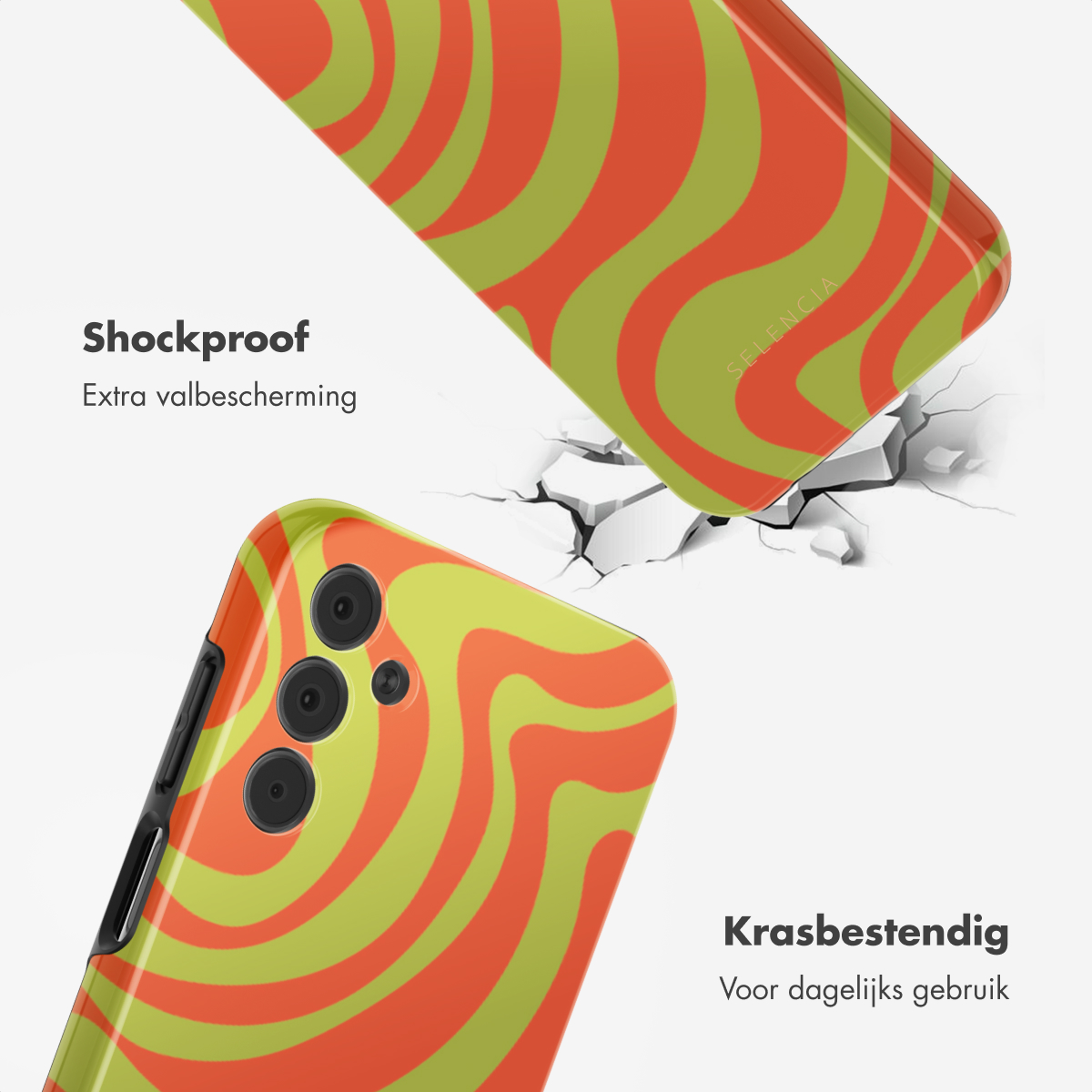 Twee telefoonhoesjes met oranje en groen design, schokbestendige tekst.