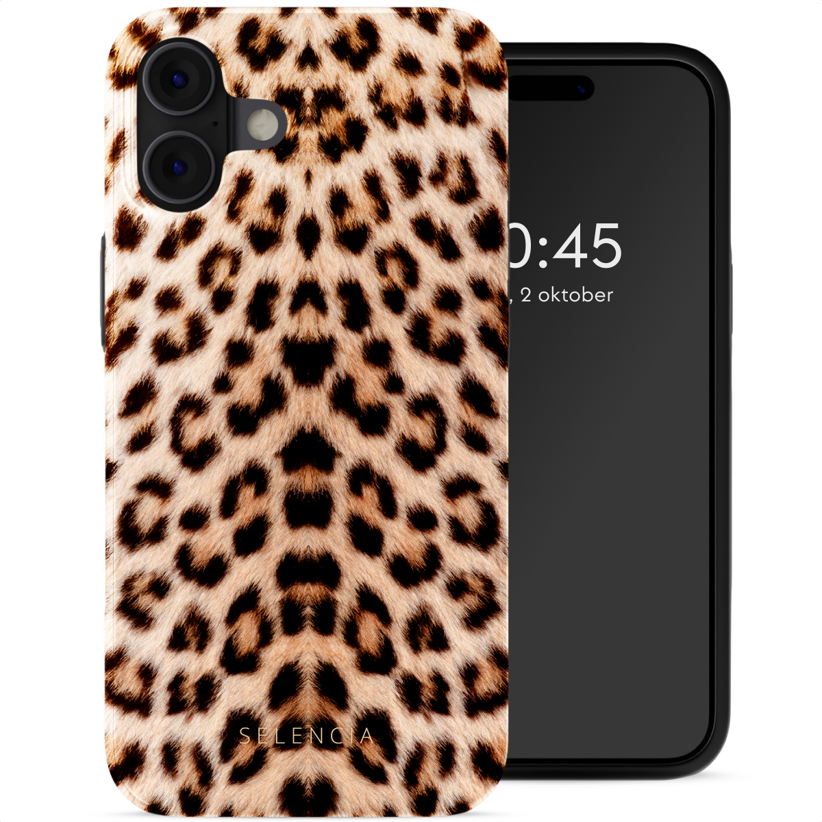Téléphone avec coque à imprimé léopard et un téléphone noir, affichant l'heure.