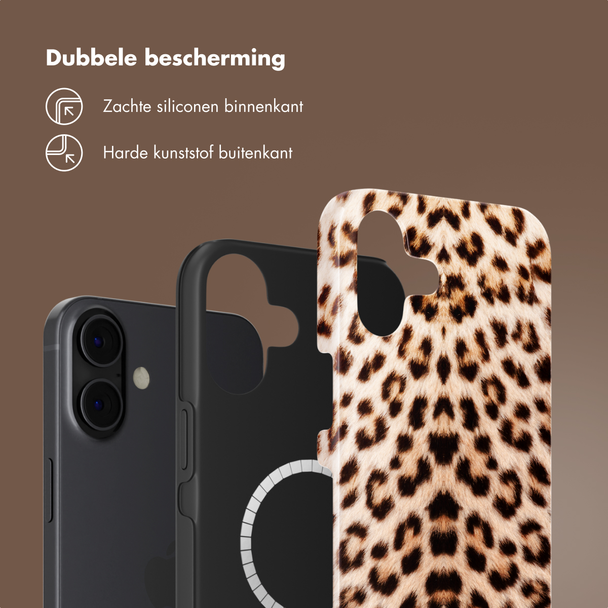 Trois coques de téléphone : un téléphone dans une coque noire, une coque noire avec un cercle et une coque avec un imprimé léopard.
