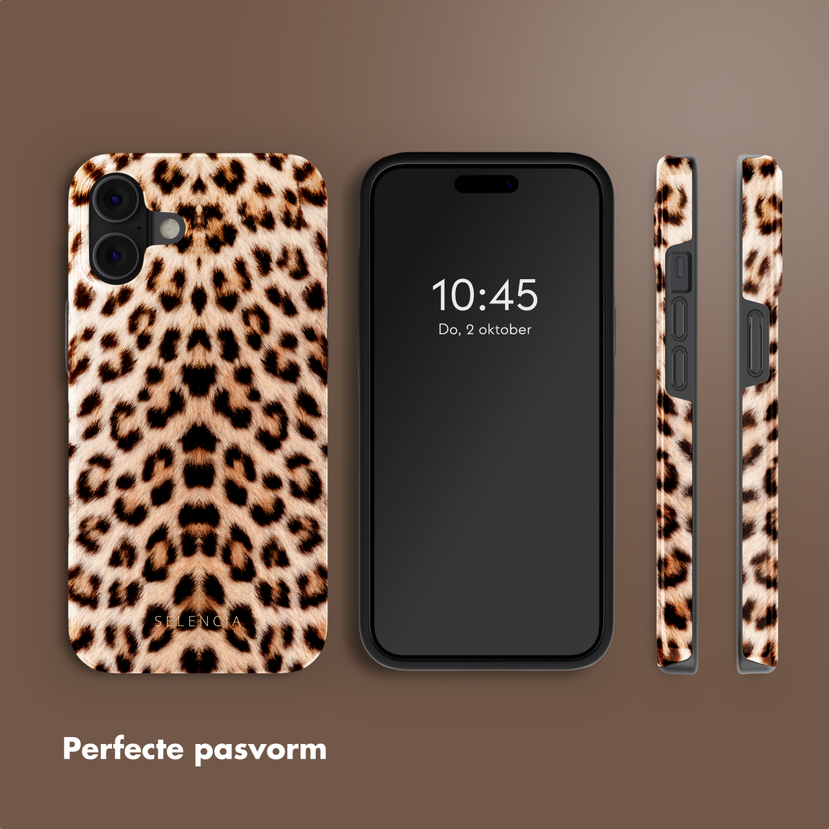 Une coque de téléphone avec un motif léopard et un téléphone affichant l'heure. Il a trois vues.
