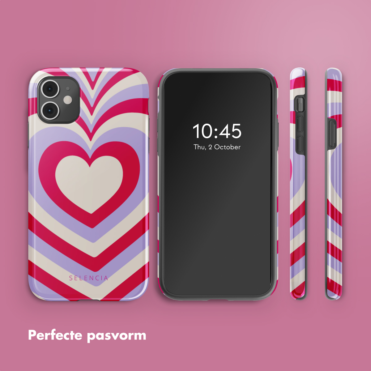 Custodia per telefono con motivo a cuore. Telefono che mostra l'ora.