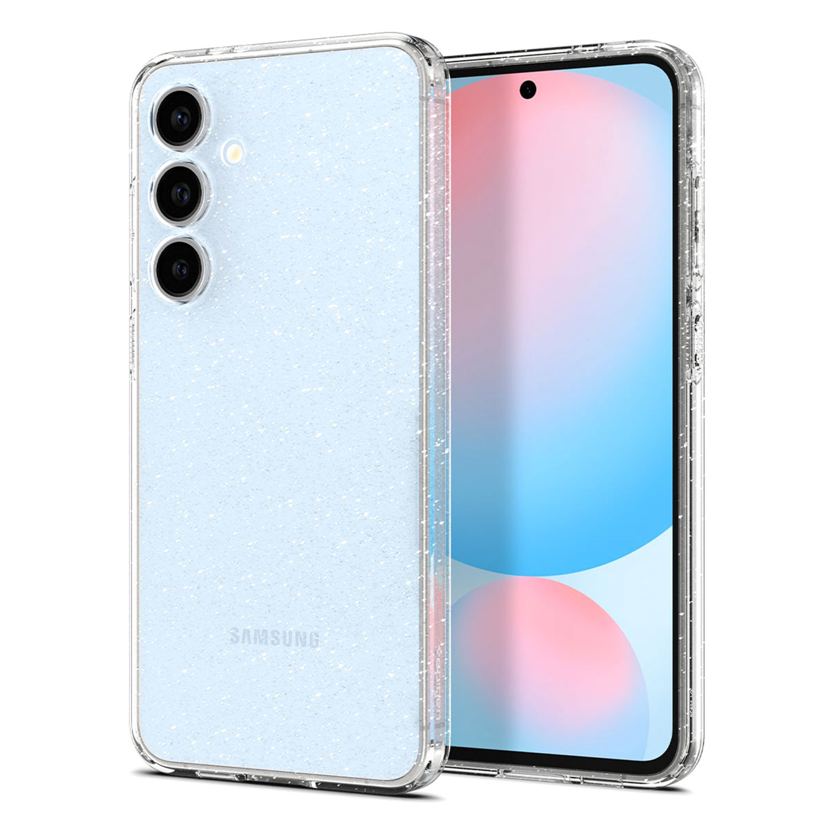 Coque de téléphone transparente avec paillettes et un téléphone à l'intérieur.