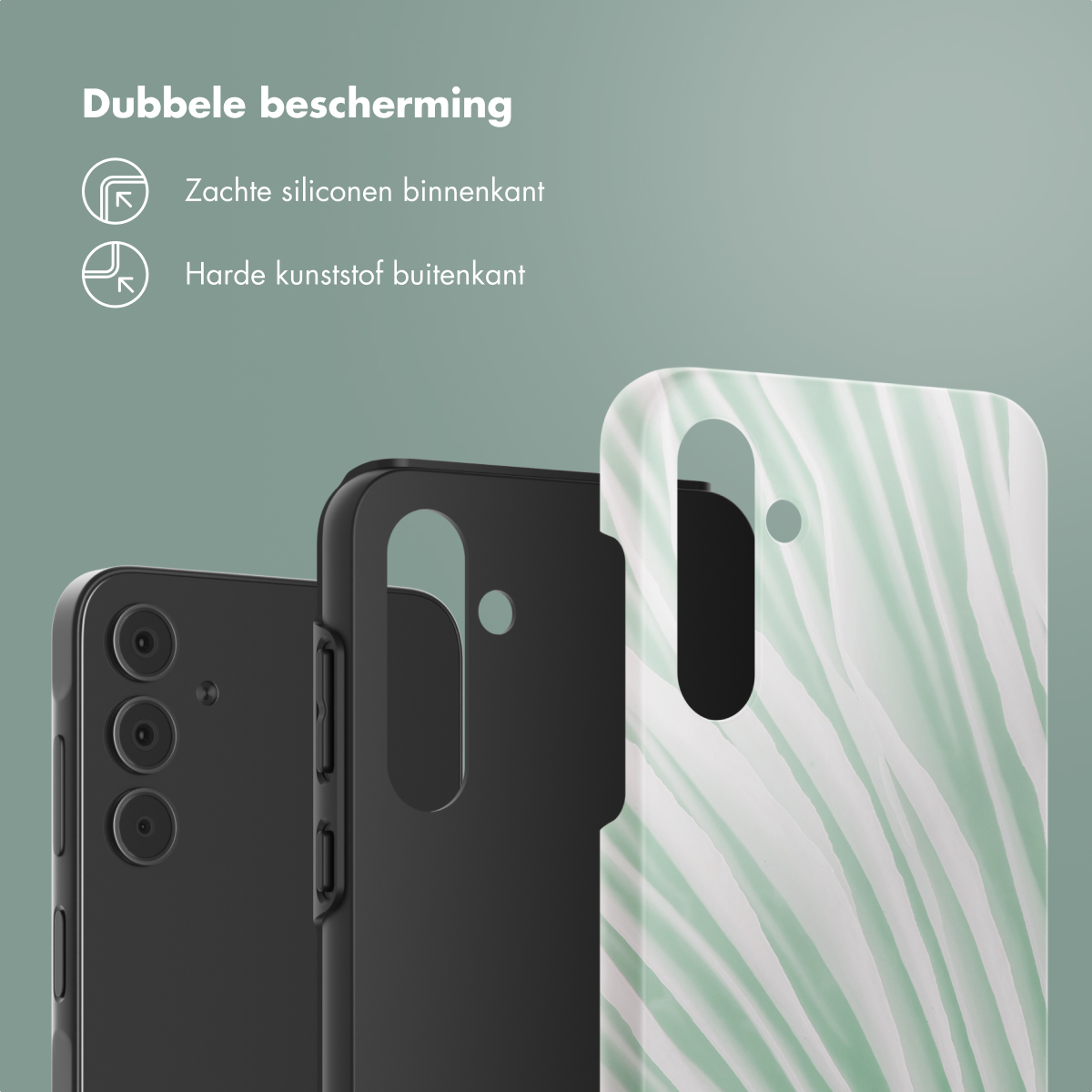 Coques de téléphone en noir et blanc avec motif de feuilles, sur fond vert avec texte.