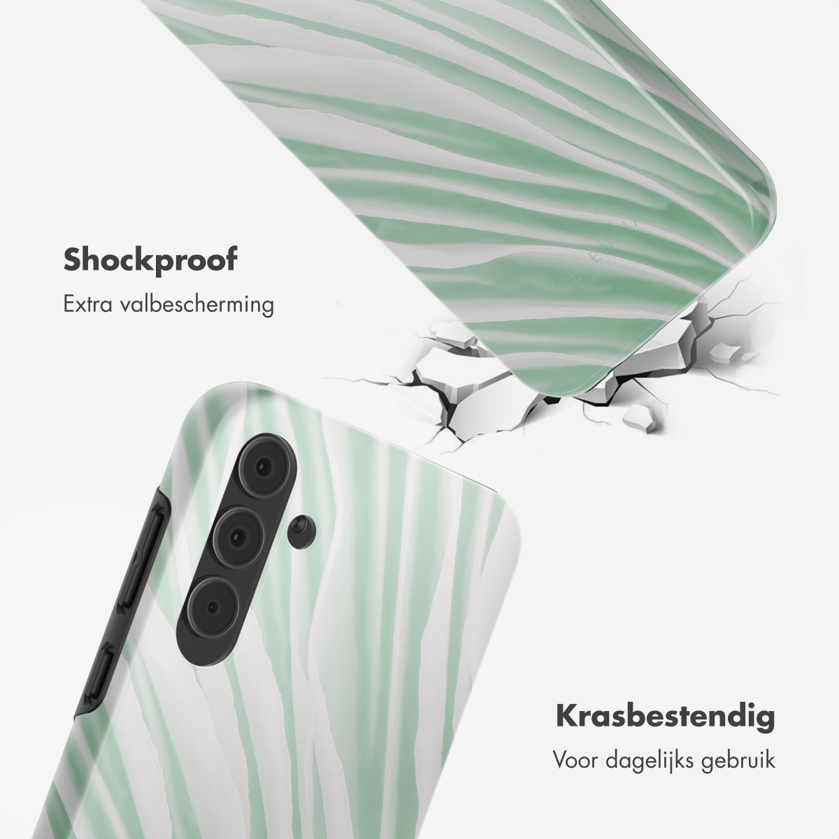 Coque de téléphone à motif vert et blanc, avec effet de fissure et téléphone.