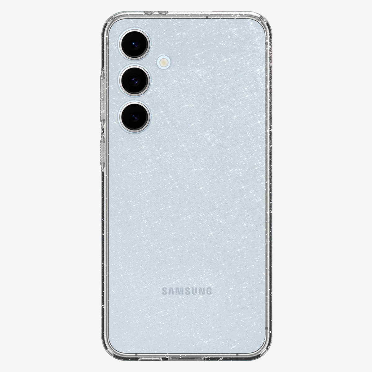 Smartphone bleu clair, vue arrière, avec trois caméras et une coque de protection transparente.