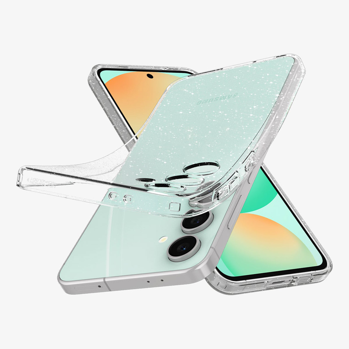 Deux coques de téléphone, une transparente avec des paillettes et l'autre montrant un téléphone.
