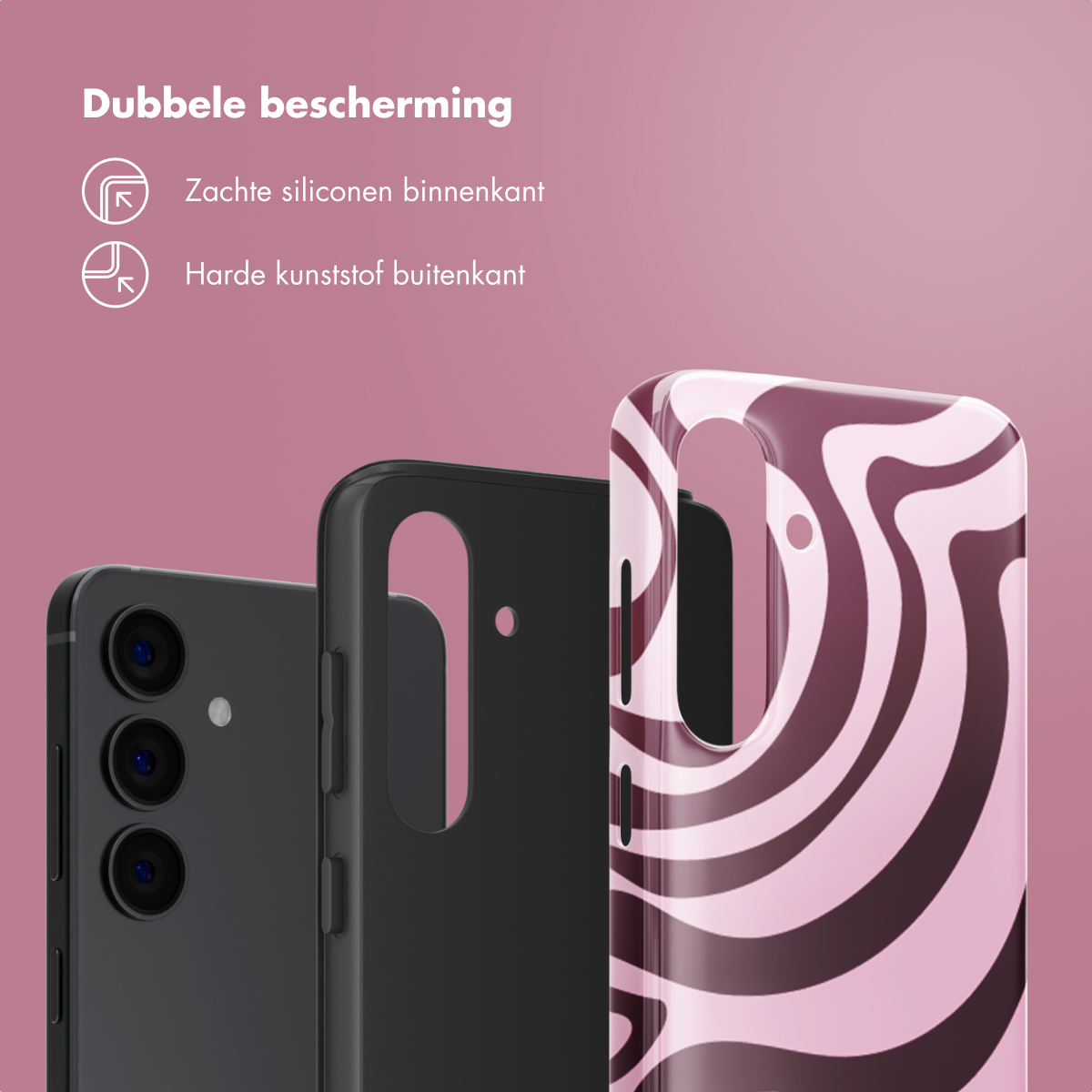 Un telefono e due custodie su sfondo rosa. Le custodie sono nere e decorate.