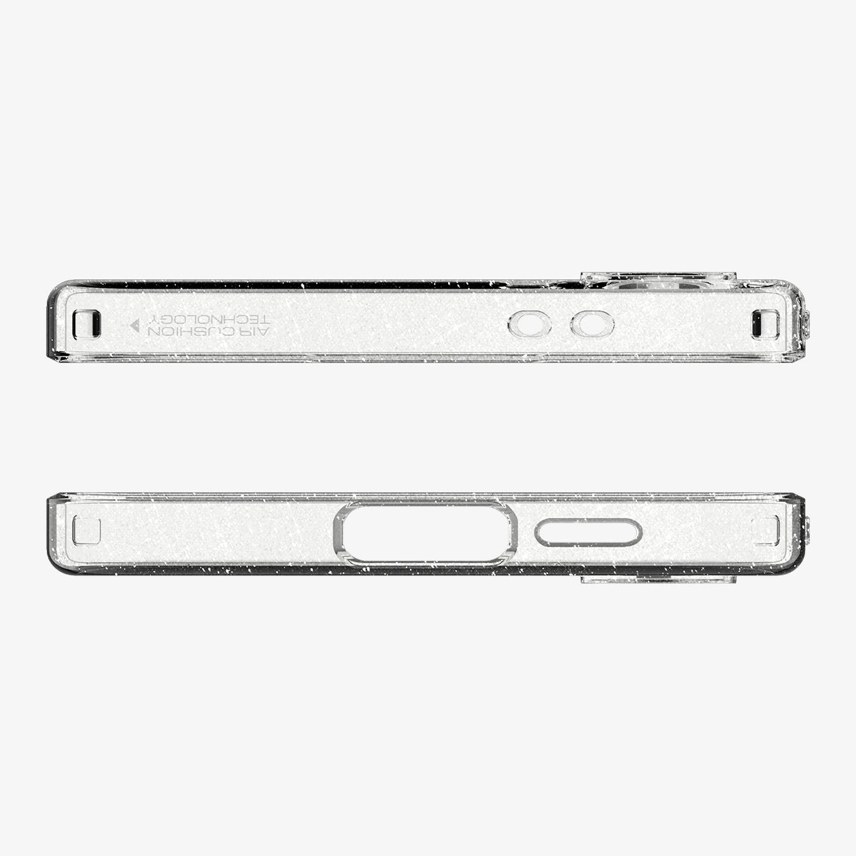 Coque de téléphone transparente, vues de dessus et de dessous. Technologie coussin d'air visible. Fond blanc.