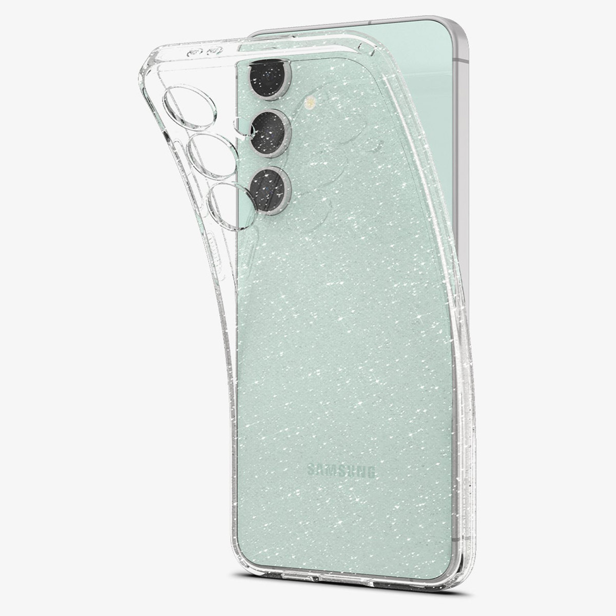Une coque de téléphone transparente avec un téléphone à l'intérieur, effet paillettes au dos.