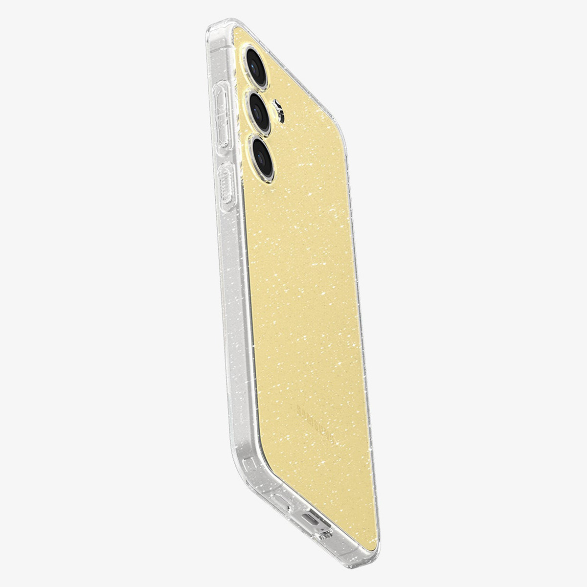Une coque de téléphone, jaune avec des paillettes, est montrée de côté, avec le téléphone à l'intérieur.