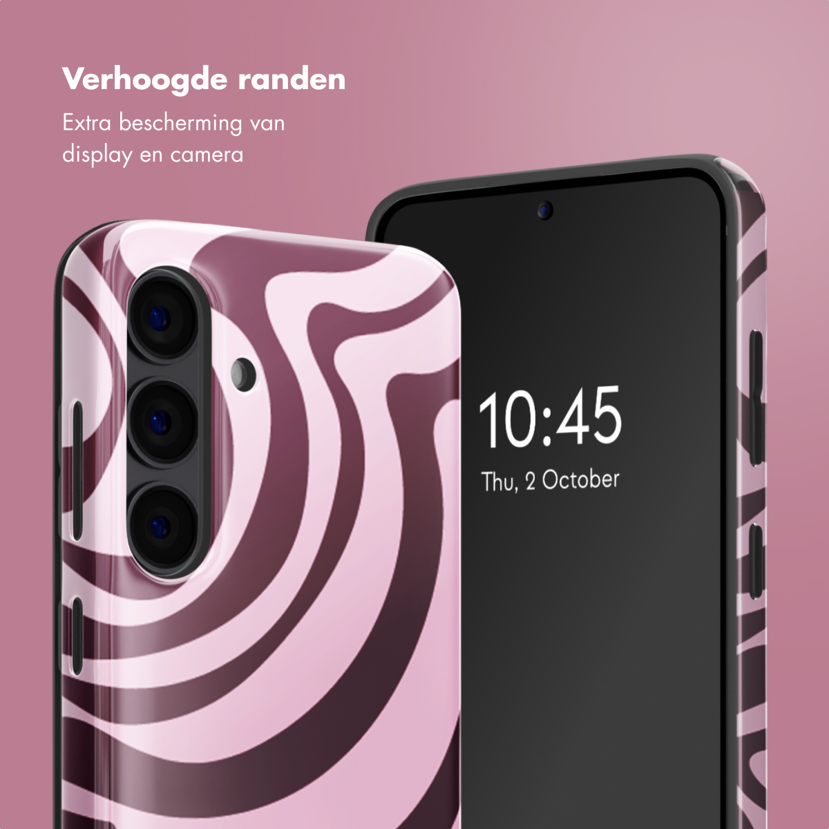 Due telefoni con una custodia dal design a spirale rosa e bianco. Uno mostra l'ora sul suo schermo.