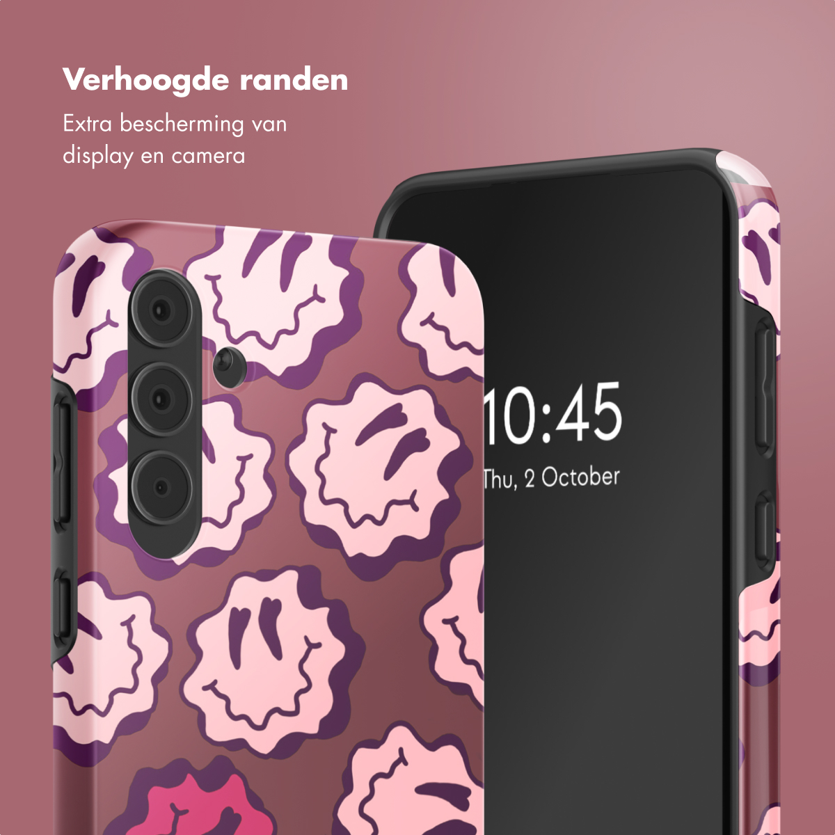 Telefono e custodia con motivo a faccine sorridenti. Il telefono mostra l'ora.