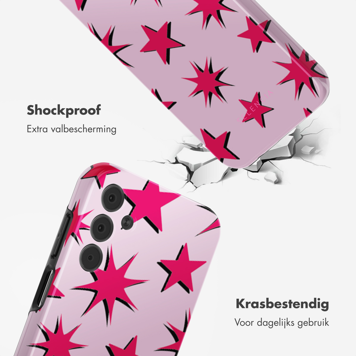 Roze telefoonhoesje met rode sterren. Eén hoesje valt, grond gebarsten. Tekst: Schokbestendig, extra valbescherming.