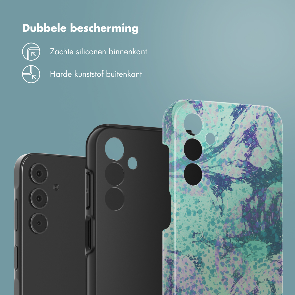 Telefoonhoesjes met een marmerontwerp en een effen zwarte hoes.