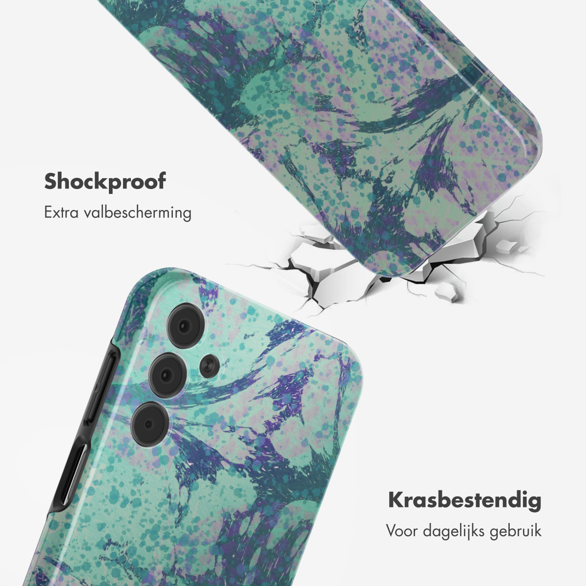 Een telefoonhoesje met een marmerontwerp wordt getoond, samen met een verbrijzeld oppervlak.