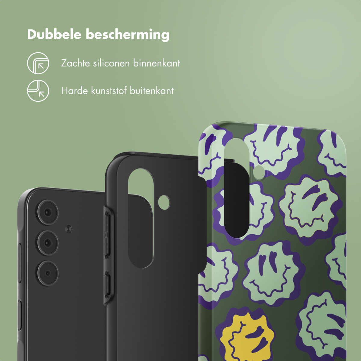 Coque de téléphone avec un motif smiley à côté de deux coques et d'un téléphone.