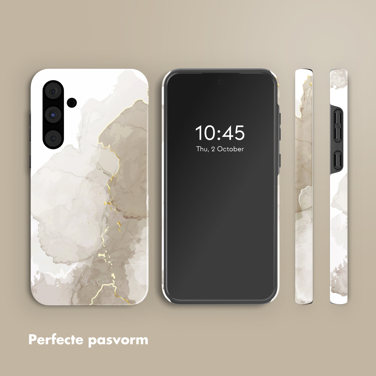 Smartphone avec étui. Le téléphone affiche l'heure et la date. L'étui a un effet marbre.