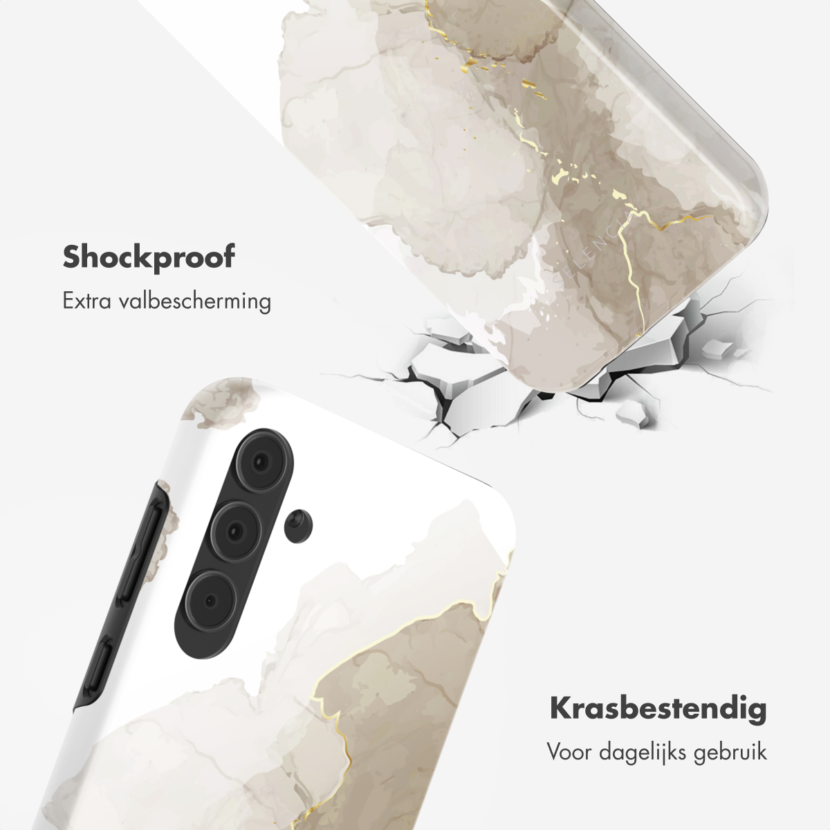 Coque de téléphone avec design marbré, montrant la protection du téléphone.