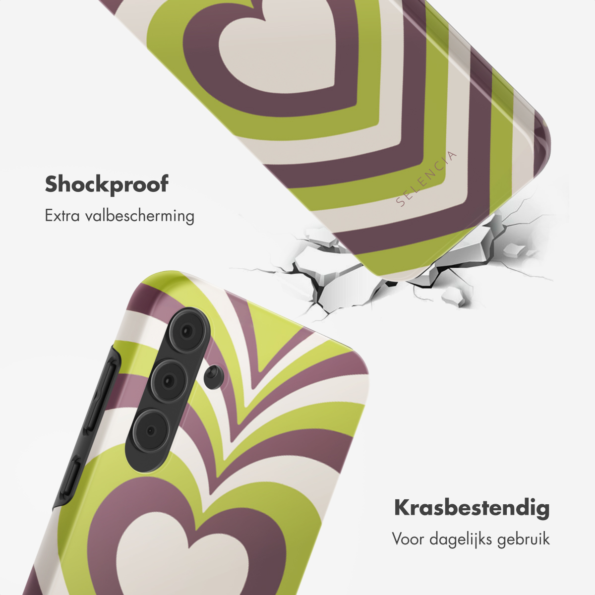 Een telefoonhoesje met een hartpatroon, tekst die schokbestendig en Krasbestendig zegt.