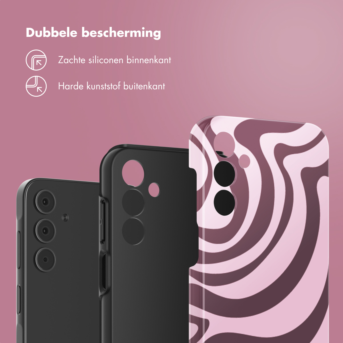 Drie telefoonhoesjes, één met een zebrapatroon. De tekst luidt: "Dubbele bescherming" in het Nederlands.