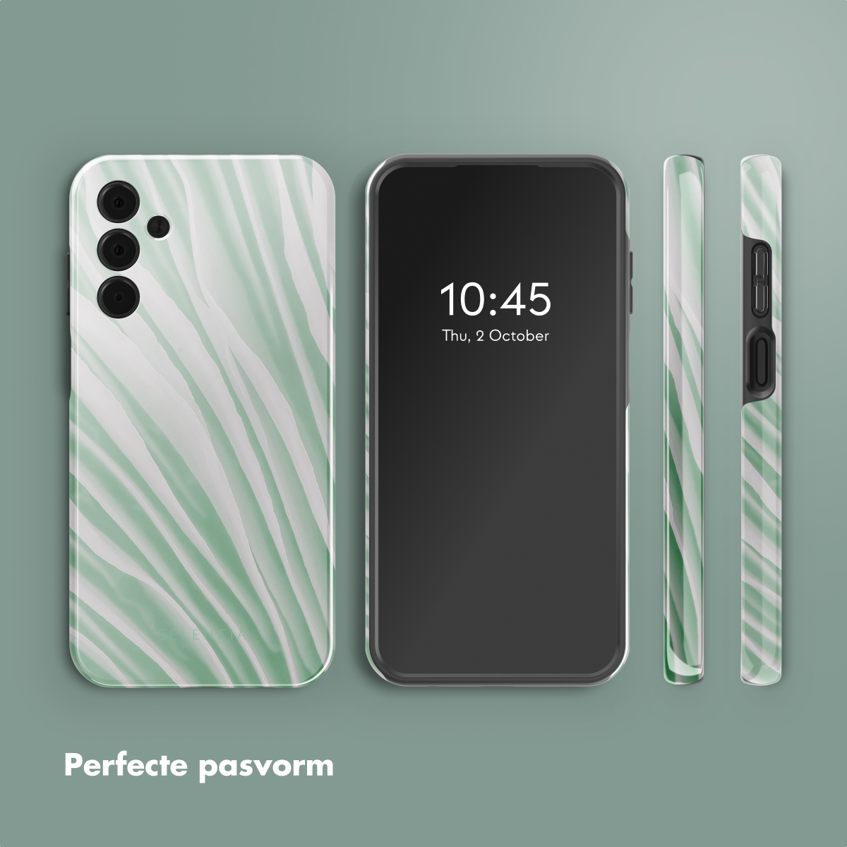 Een telefoonhoesje met een groen en wit patroon, telefoon getoond in de hoes, en zijaanzichten op een groene achtergrond.