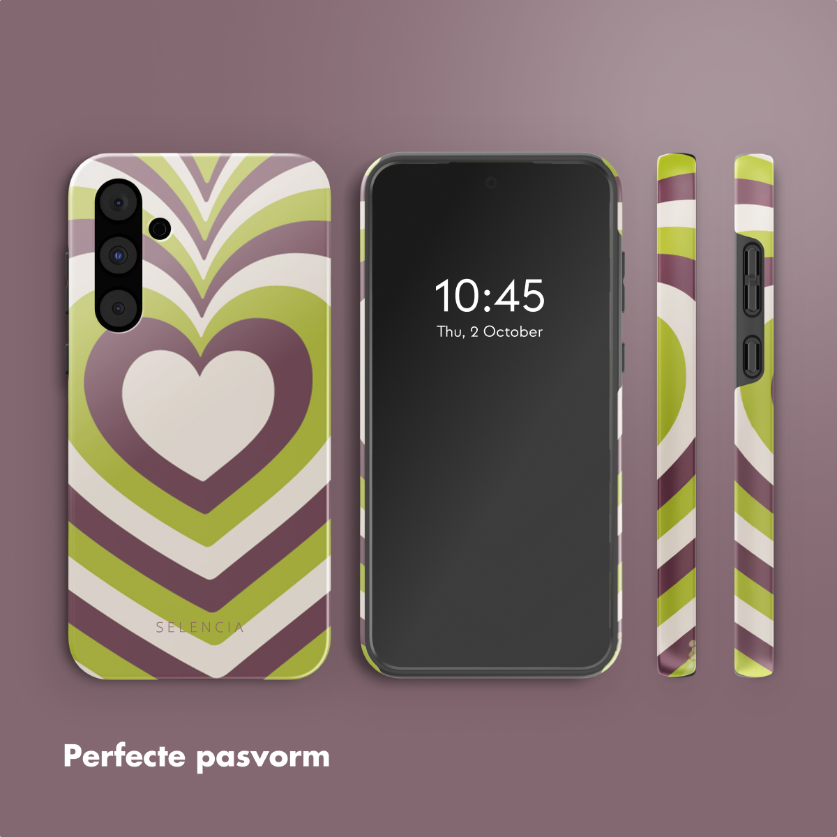 Een telefoon met een hoesje met hartontwerp en een zijaanzicht van de hoes.