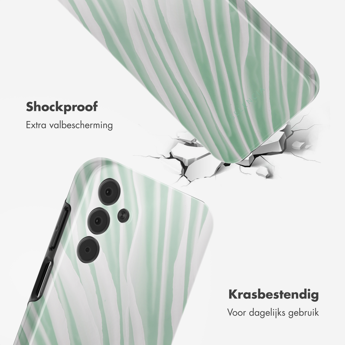 Telefoonhoesje met een groen en wit patroon. De hoes breekt een oppervlak. Witte achtergrond.