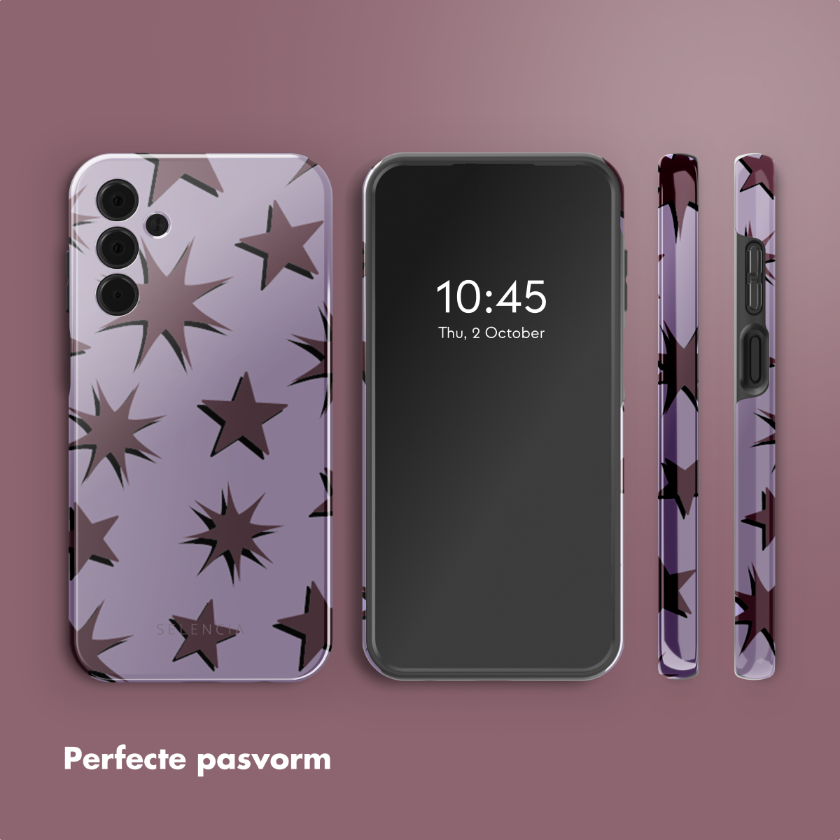 Drie telefoonhoesjes: een met sterren, een met een zwart scherm met tijd en een zijaanzicht.