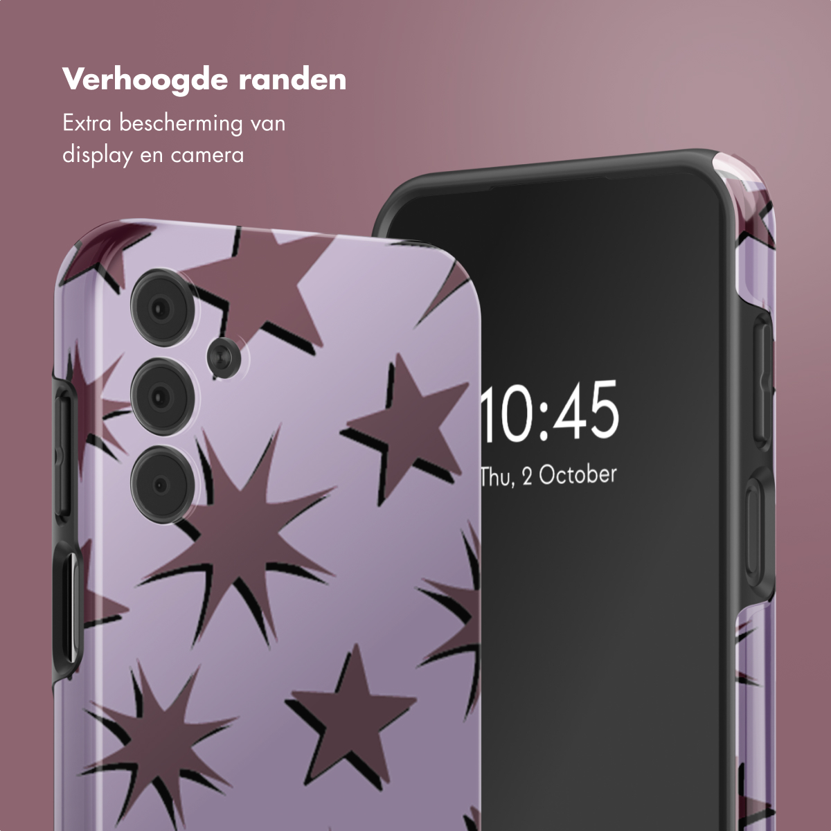 Een telefoonhoesje met een sterrenpatroon wordt getoond naast een telefoon. De hoes is paars, het telefoonscherm is zwart.