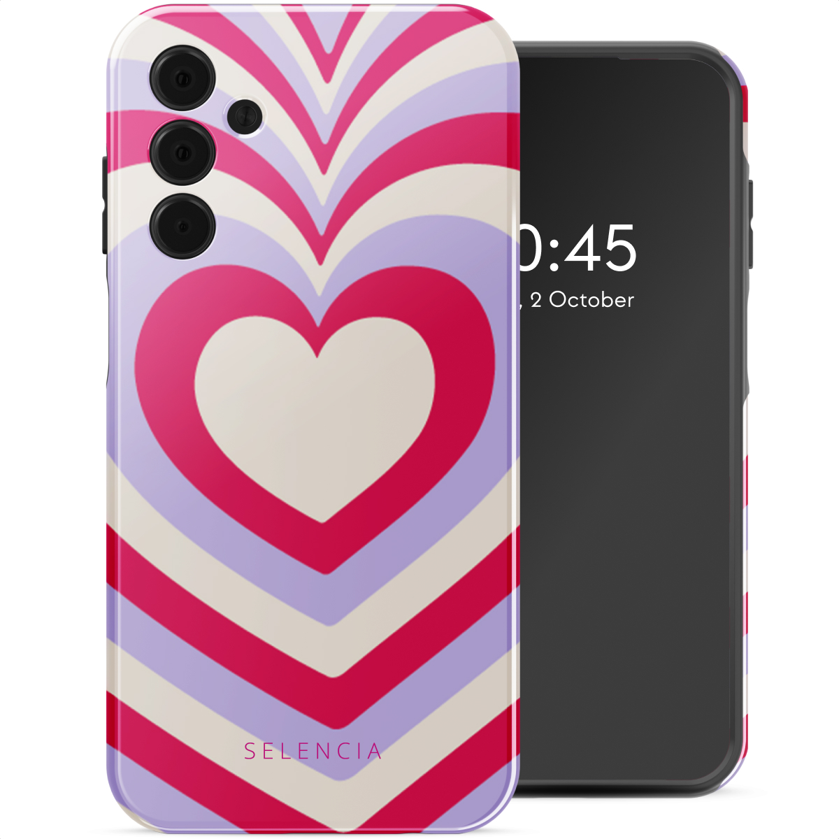 Téléphone avec coque cœur rose et blanche. Le téléphone affiche l'heure et la date à l'écran.