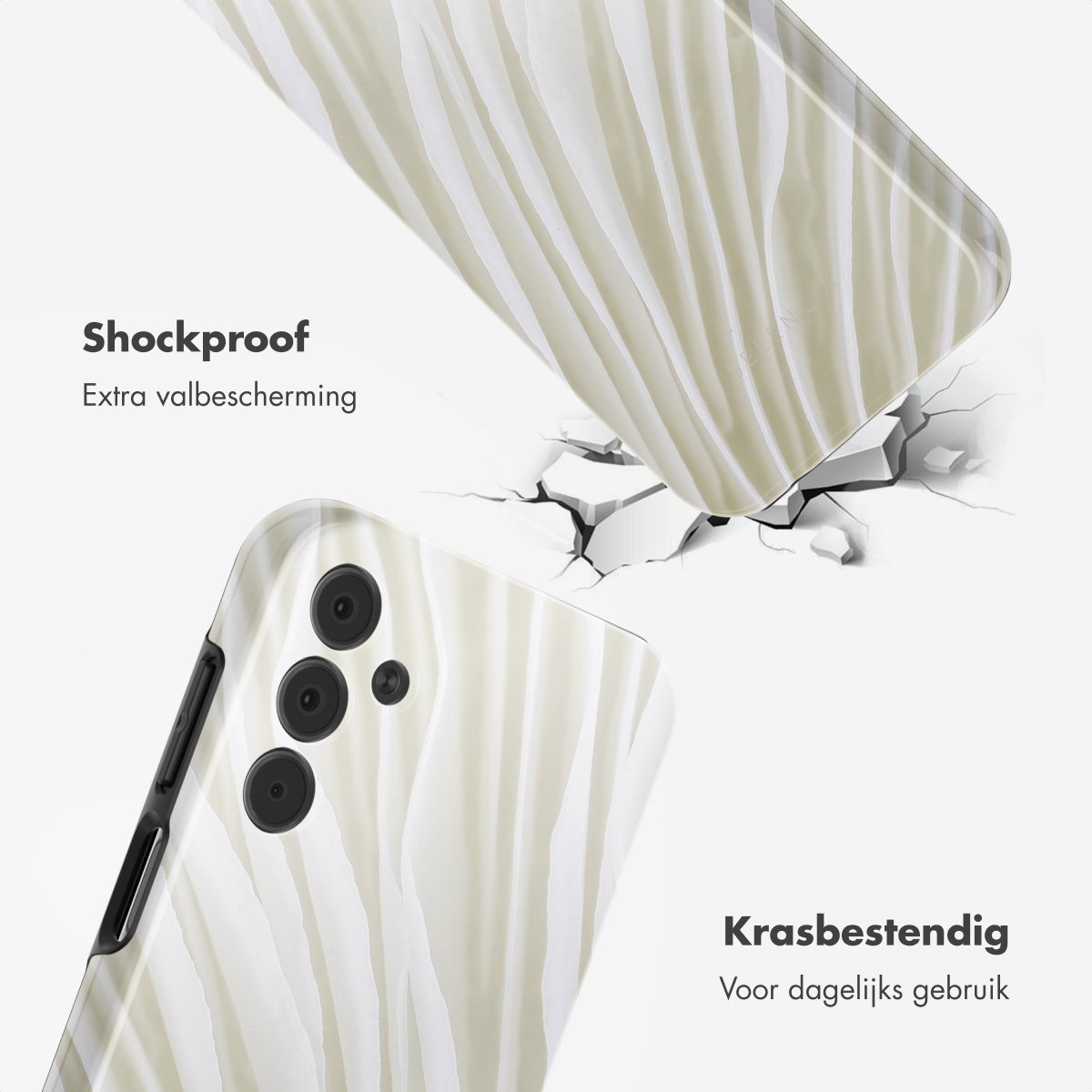 Telefoonhoesje met een wit en crème patroon. Tekst zegt 'Schokbestendig' en 'Krasbestendig' op een gebroken ondergrond.