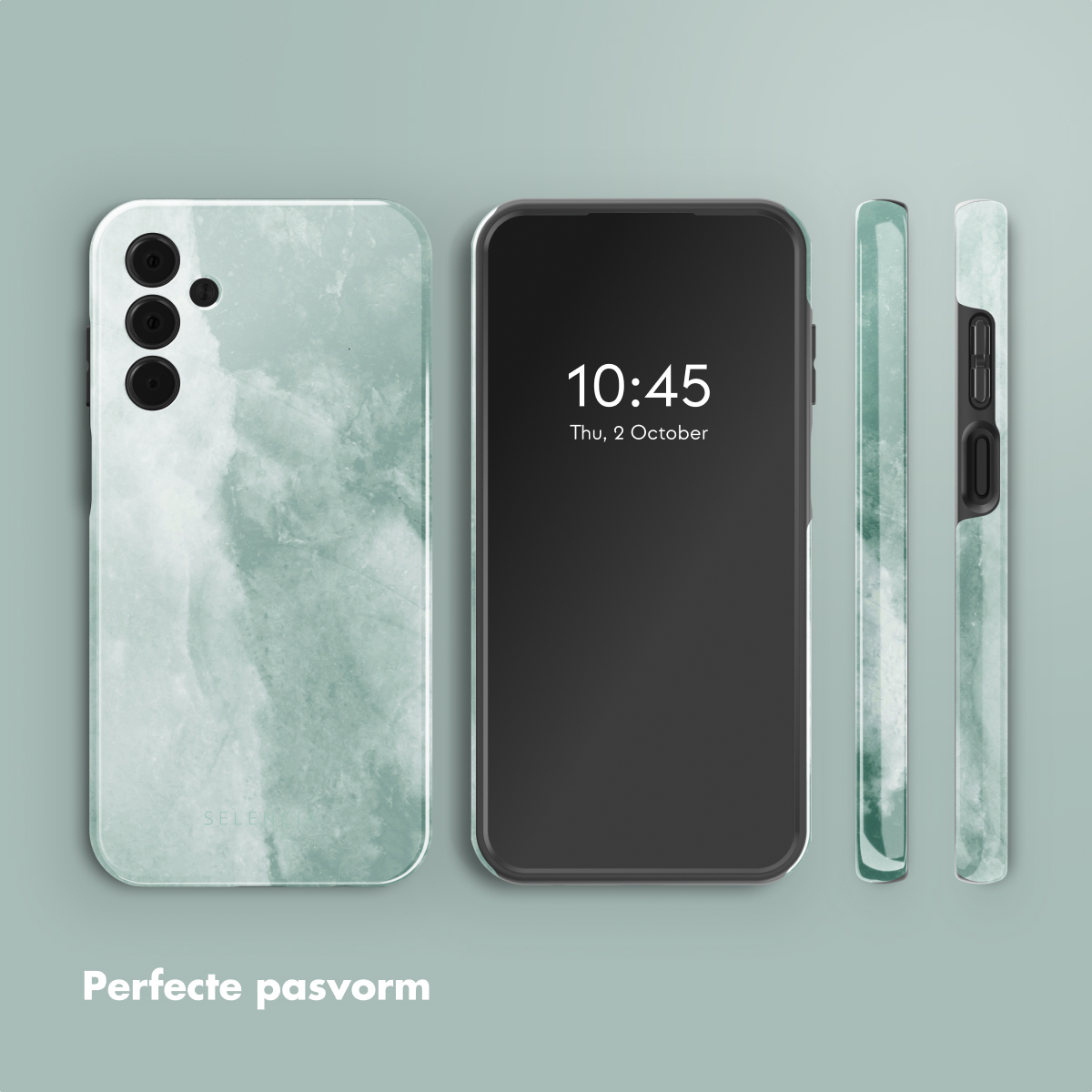 Smartphone con custodia in marmo verde, che mostra l'ora e la data. Vengono mostrate più viste della custodia.