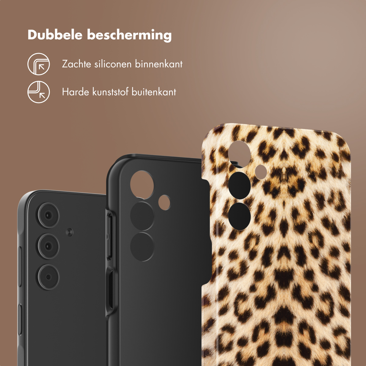 Zwarte telefoonhoesjes, één met luipaardprint. Tekst: Dubbele bescherming, zacht van binnen, hard van buiten.