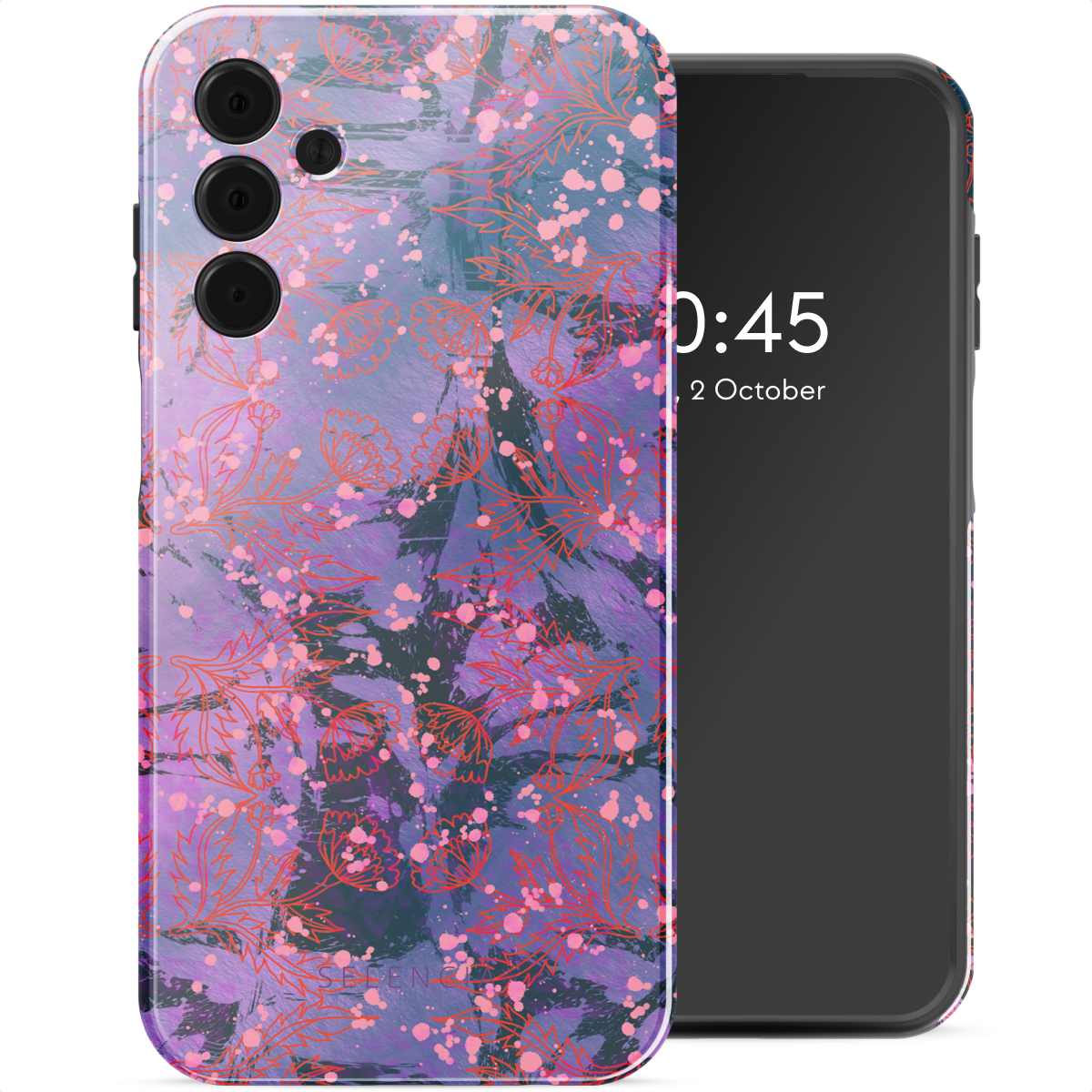 Coque de téléphone avec un motif floral et un téléphone. Le téléphone affiche l'heure et la date.