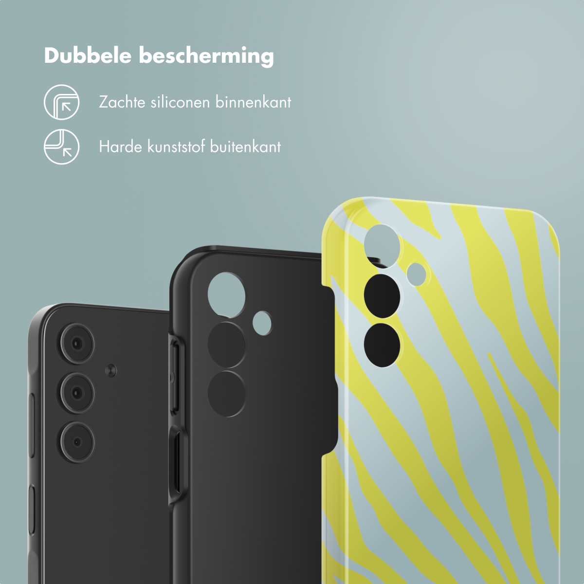 Gros plan sur trois coques de téléphone, deux noires et une avec un imprimé zèbre jaune sur bleu.