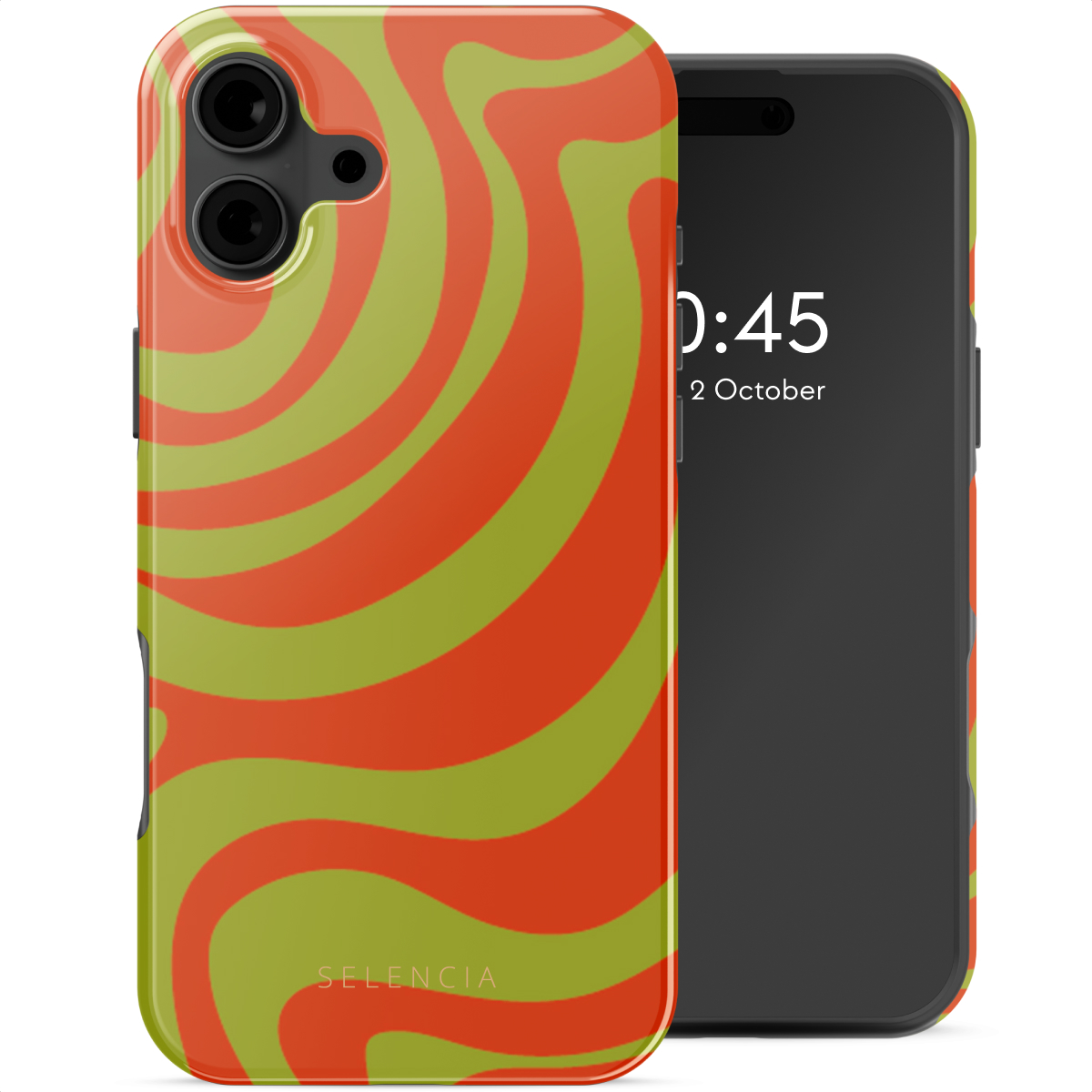 Telefono con custodia colorata con vortici verdi e arancioni. Sfondo nero.