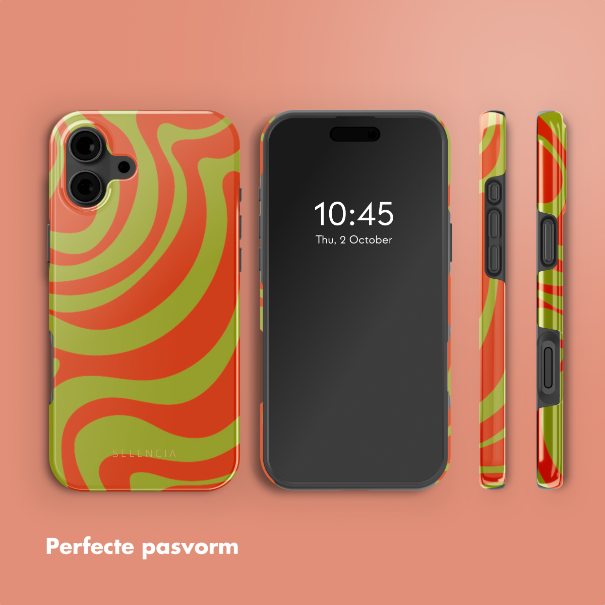 Telefono e custodie con design a spirale arancione e verde. Sfondo: arancione.