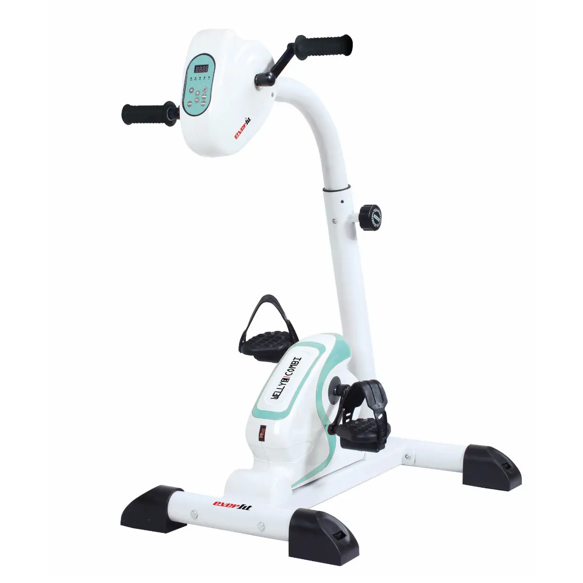 Vélo d'exercice avec pédales et écran. Schéma de couleurs blanc et turquoise.