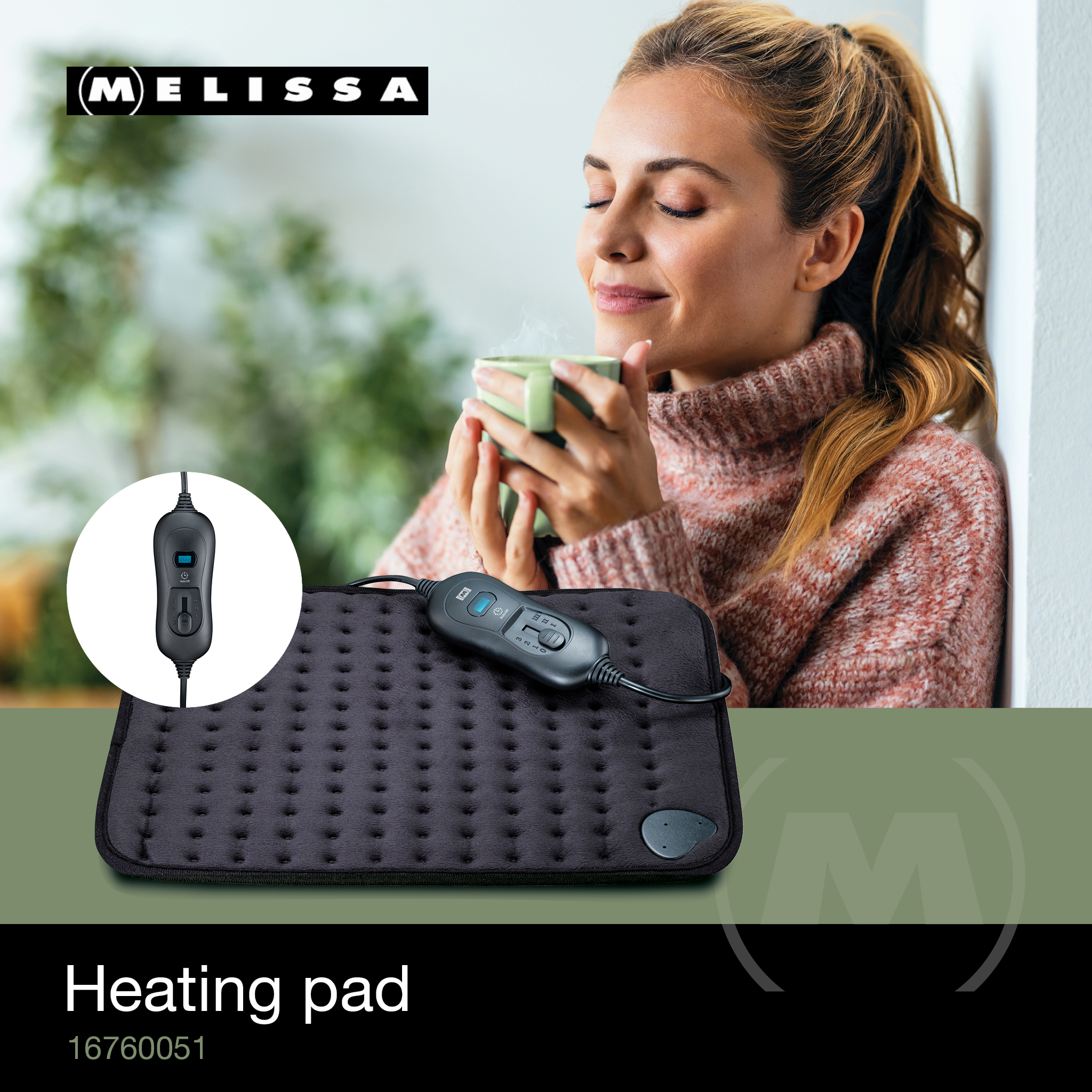 A woman using a black heating pad with a remote control on a green background.