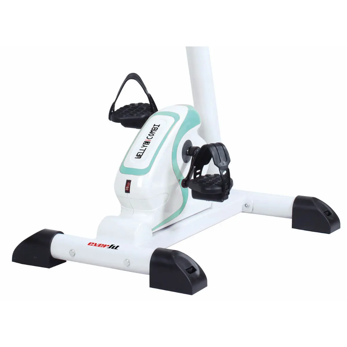 Mini vélo d'exercice, blanc et turquoise. Pédales et base noires.