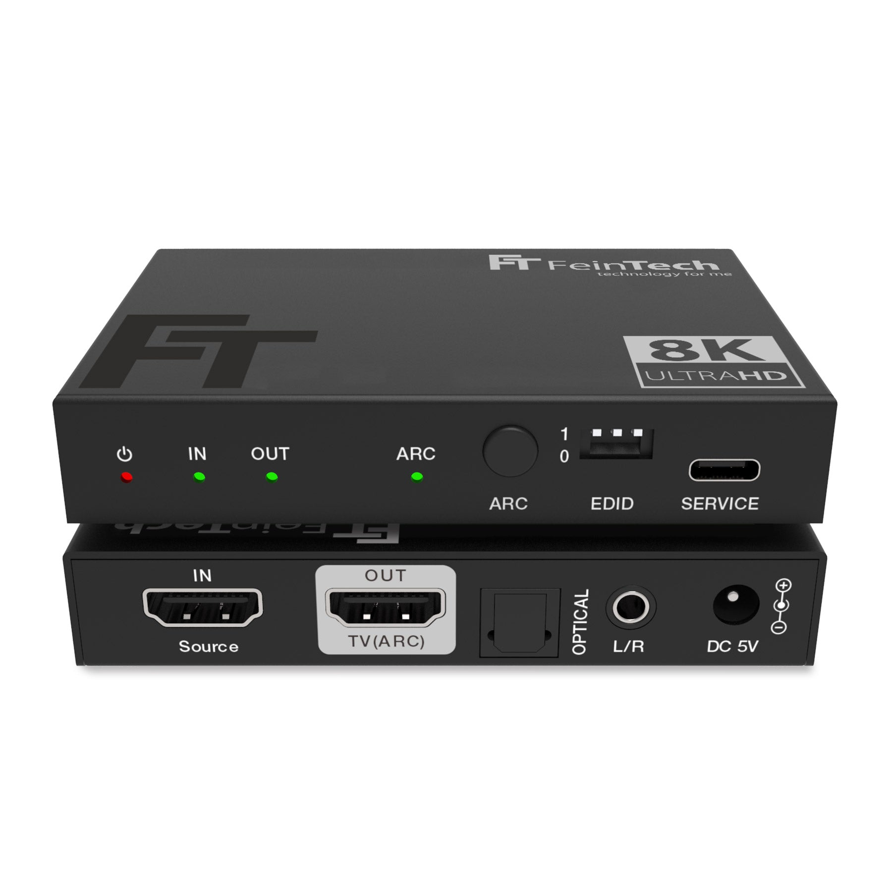 Ein schwarzer HDMI-Switch mit mehreren Anschlüssen, beschriftet mit IN, OUT, ARC, EDID und SERVICE, mit Tasten und Lichtern.