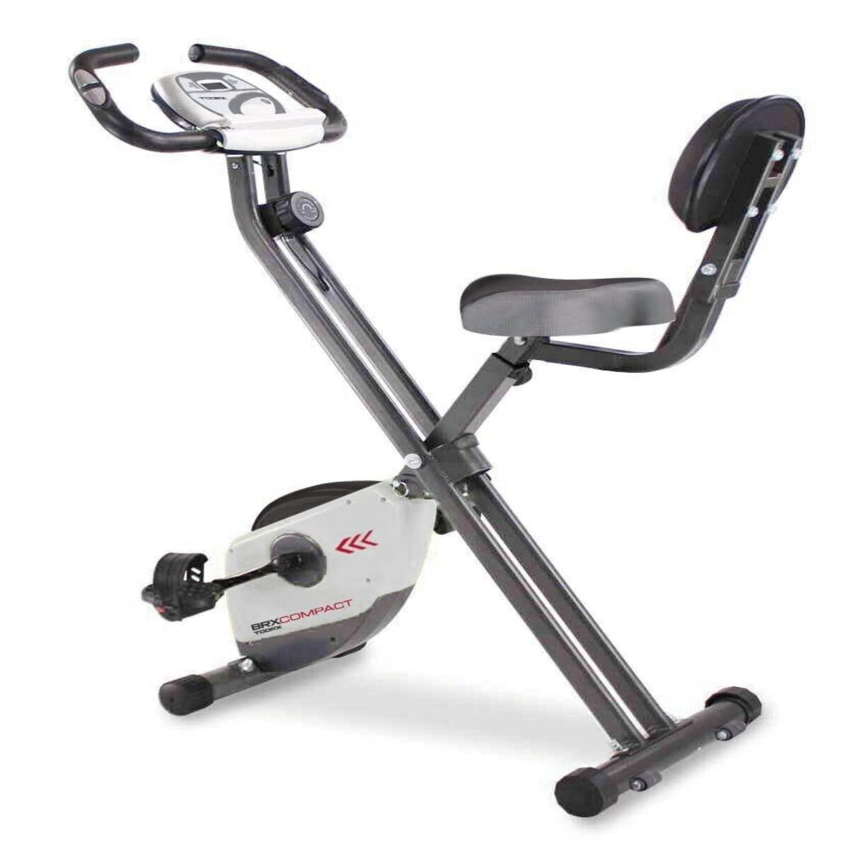 Bicicletta da palestra con sella e display. Colori nero, grigio e bianco.