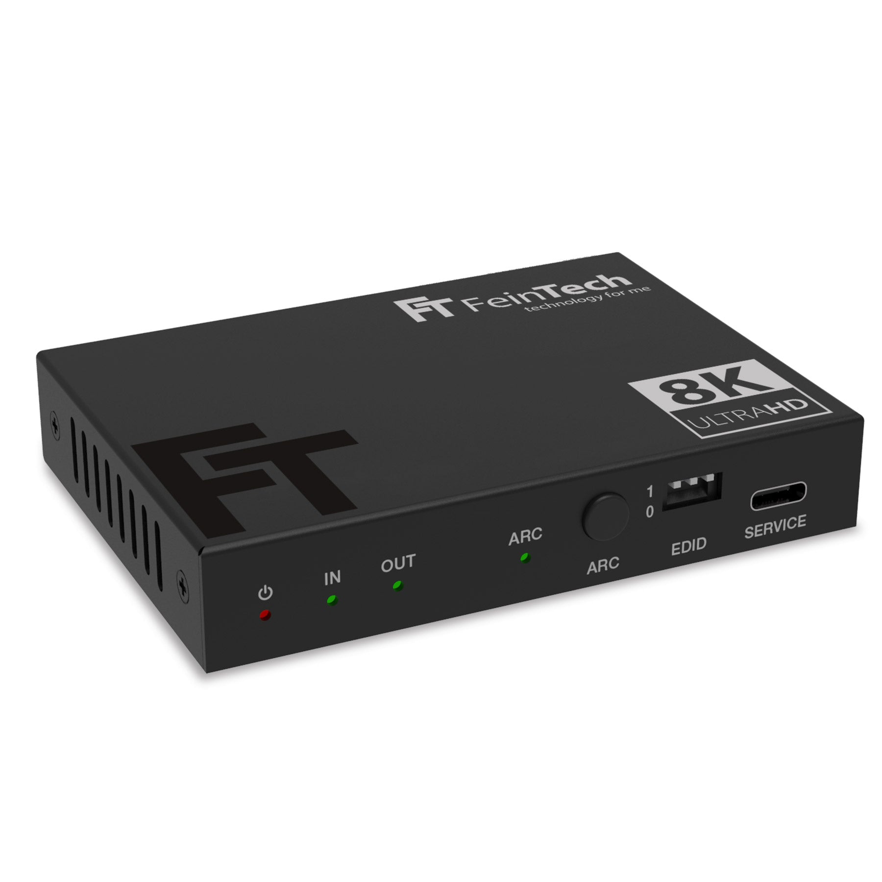 Ein schwarzes FeinTech 8K UltraHD-Gerät mit Anschlüssen und Knöpfen. Schwarzer Hintergrund.