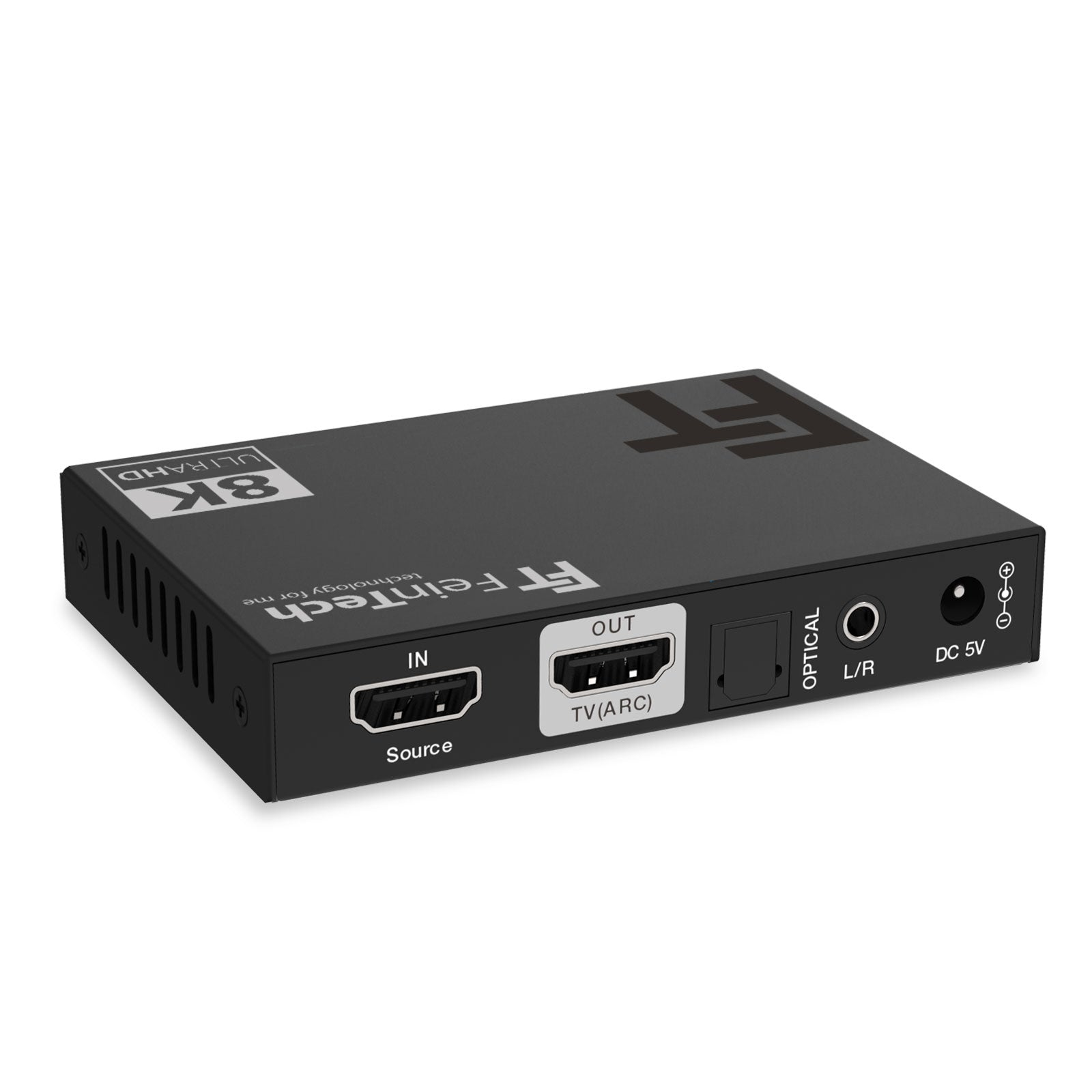 Schwarzes 8K Ultra HDMI-Gerät mit Anschlüssen IN, OUT, OPTICAL, L/R und DC 5V.