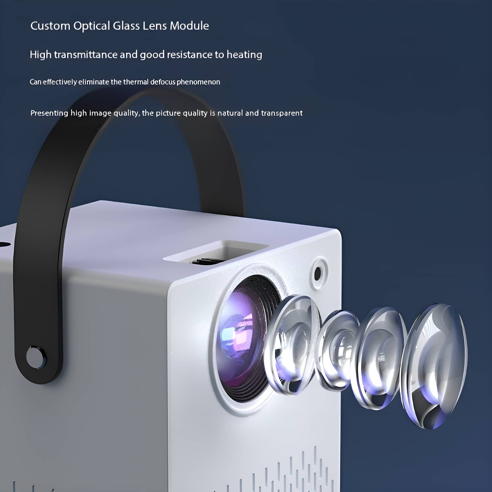 Weißer Projektor mit Linsen und schwarzem Griff. Text: "Custom Optical Glass Lens Module".