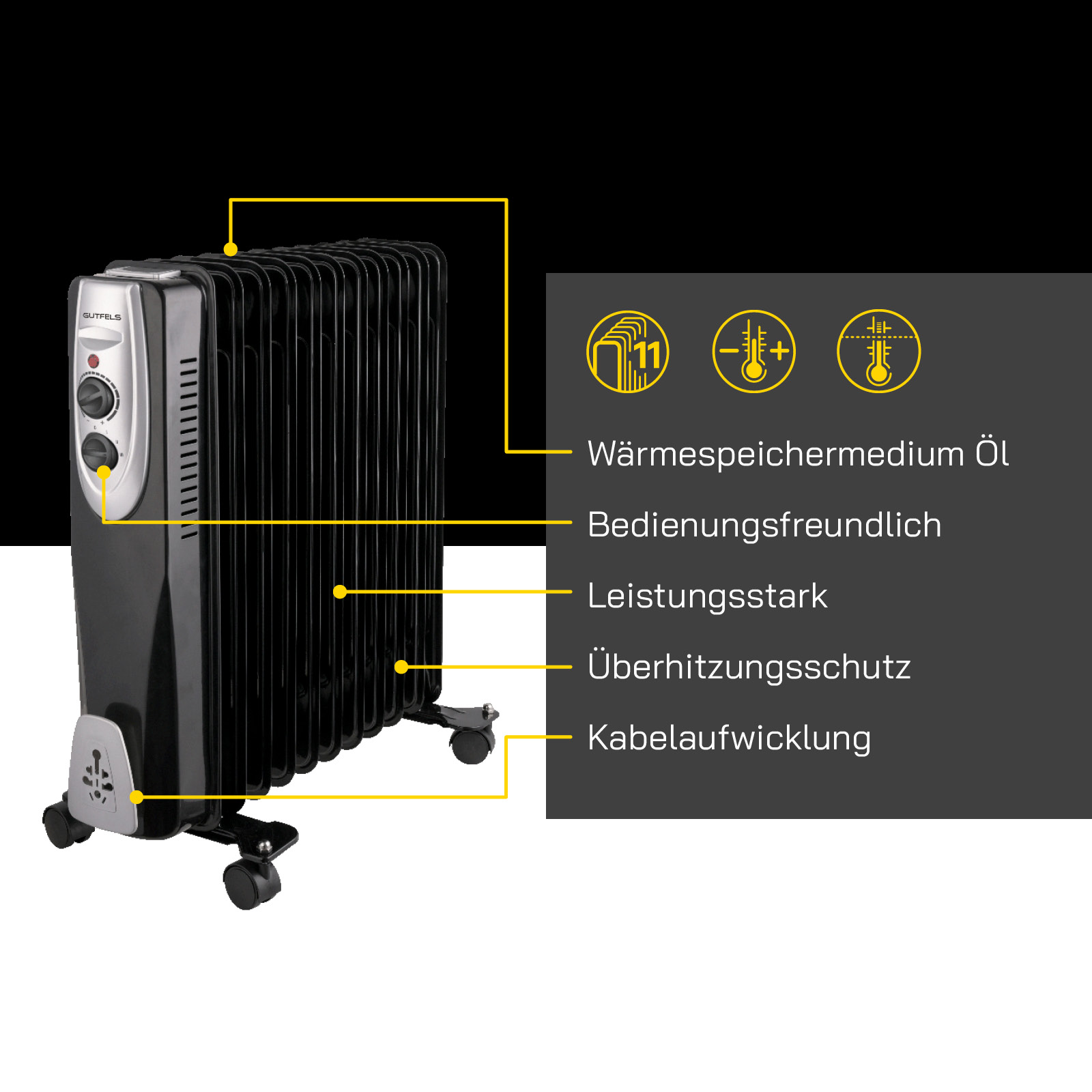 Schwarzer Ölradiator mit Etiketten. Hintergrund: schwarz.