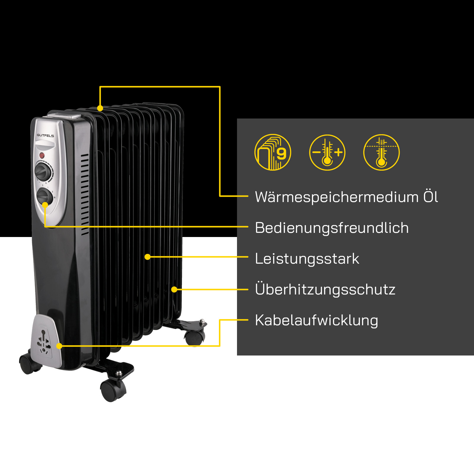 Schwarzer ölgefüllter Heizkörper mit Beschriftungen, einschließlich "Wärmespeichermedium Öl".