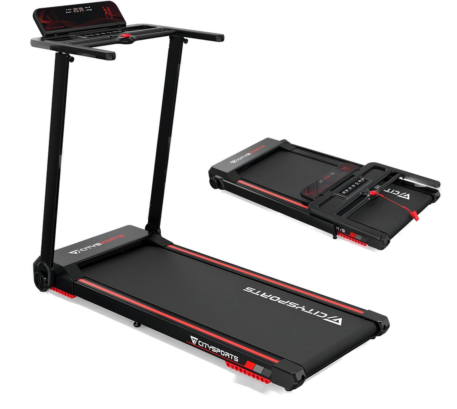 Schwarzes und rotes Laufband, gefaltet und entfaltet, mit Display und Citysports Logo.