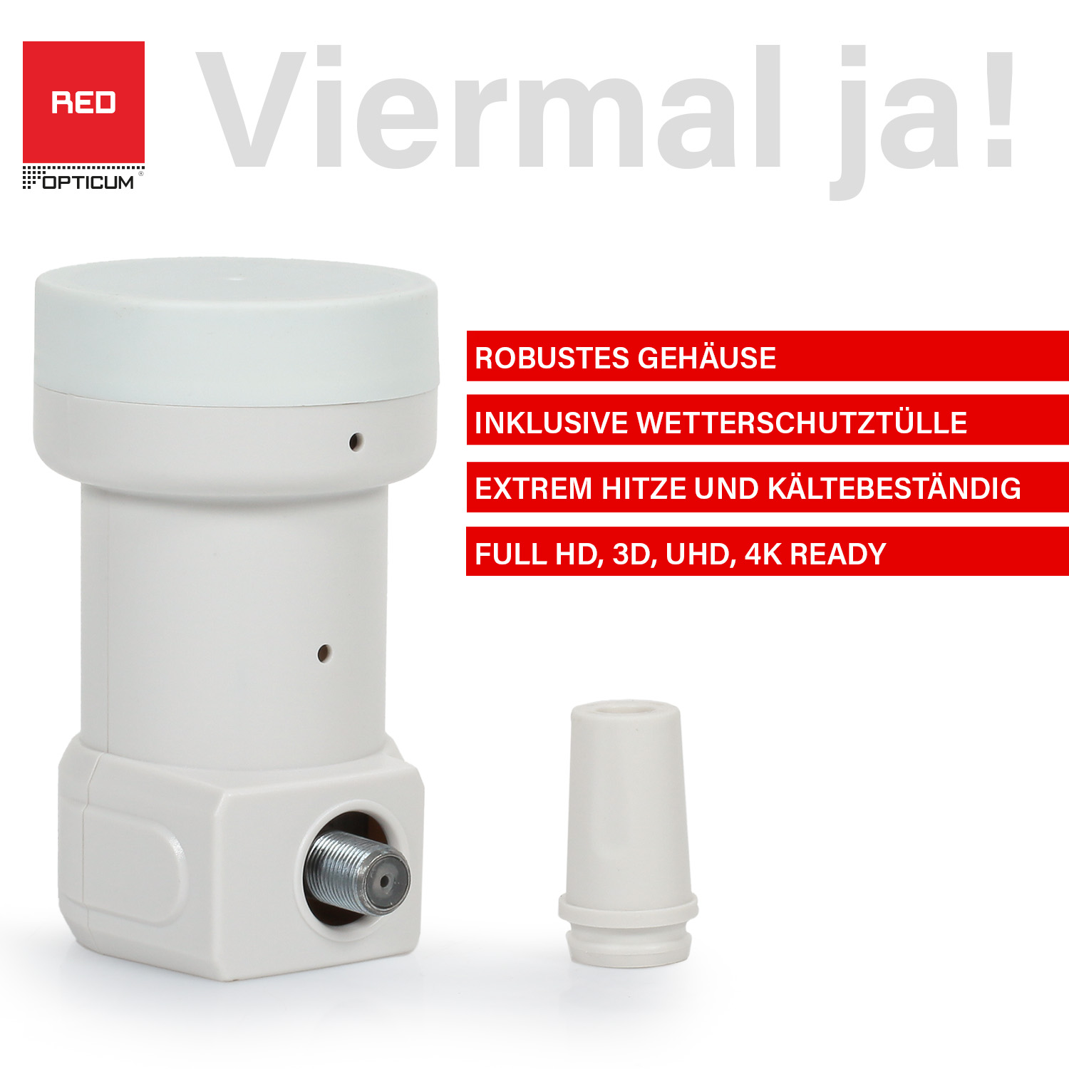 Ein weißer Satellitenempfänger mit Text. Der Empfänger hat einen Anschluss und eine weiße Kappe.