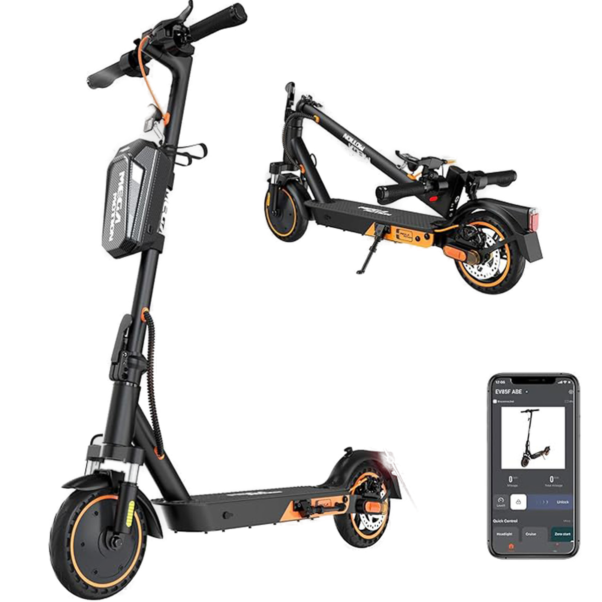 Schwarzer und orangefarbener Elektroroller, gefaltet und entfaltet, plus ein App-anzeigendes Telefon.